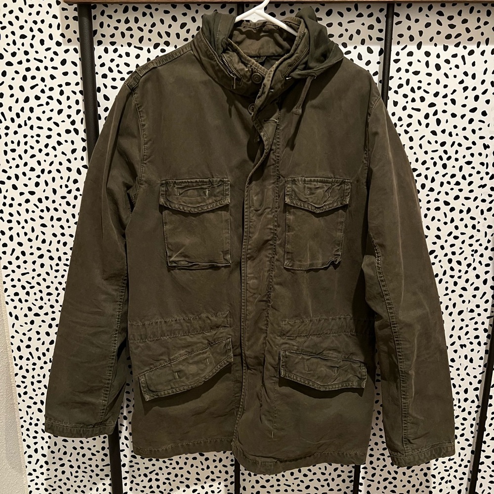 Mens canvas military jacket with packable hood Large Tall green